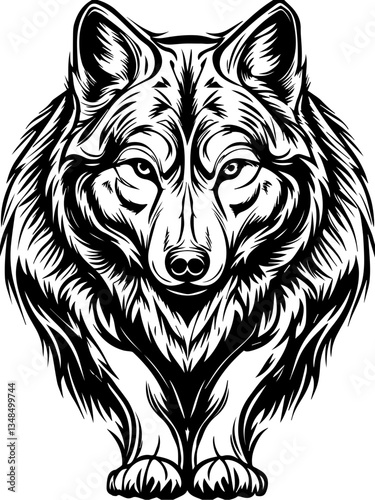 Forest beasts and guardian demons in SVG vector format. Detailed Black-and-White Wolf Illustration with Intricate Features