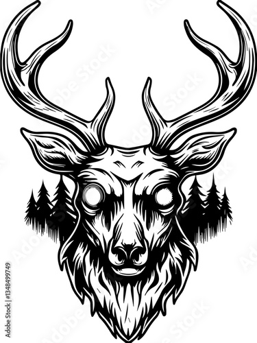 Forest beasts and guardian demons in SVG vector format. Detailed Illustration of a Stag Head with Antlers and Trees