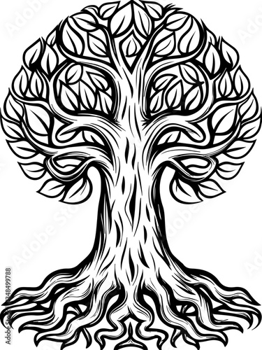 Forest beasts and guardian demons in SVG vector format. Artistic black and white tree illustration with intricate leaves