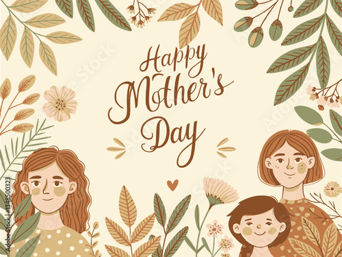 Happy Mother's Day Illustration with Family and Floral Border