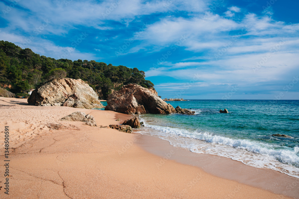 Idyllic Mediterranean beach on Costa Brava, Spain, with turquoise waters, golden sand, and scenic cliffs—perfect summer vacation destination Idyllic Mediterranean beach on Costa Brava, Spain, with turquoise waters, golden sand, and scenic cliffs—perfect summer vacation destination