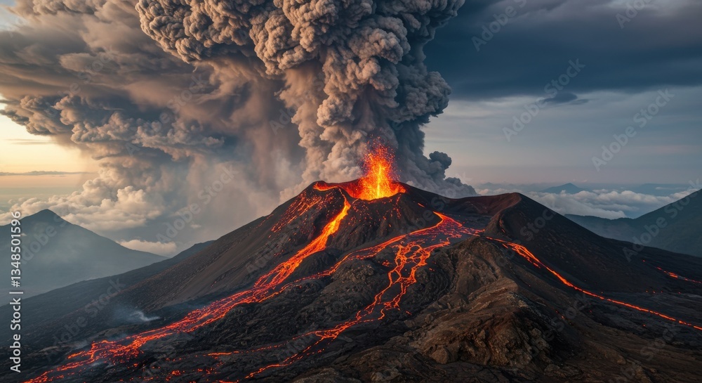 Fototapeta premium Erupting Volcano Spewing Lava and Ash with Dramatic Sky and Clouds