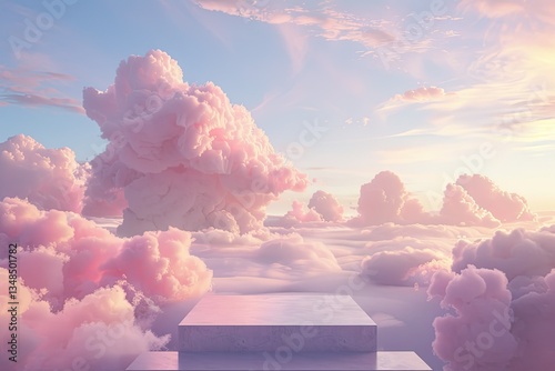 Surreal Landscape with a Podium Surrounded by Ethereal Pink Clouds Against a Serene Sky