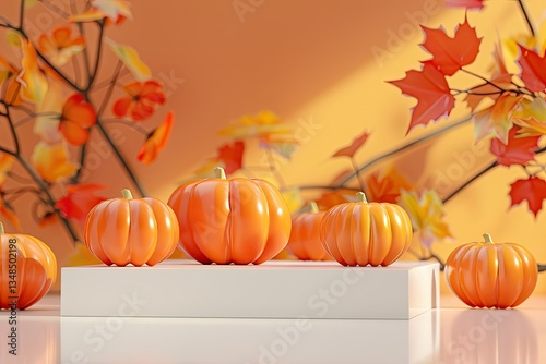 Thanksgiving Empty Podium for Product Display Mockup with Orange Pumpkins