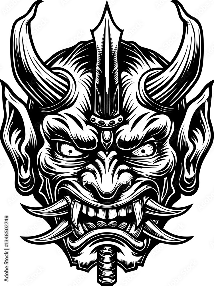 Fototapeta premium Ghost samurai and demons in SVG vector format. Intricate Monochrome Illustration of a Fierce Demon Mask Design