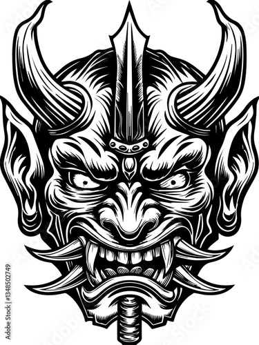 Ghost samurai and demons in SVG vector format. Intricate Monochrome Illustration of a Fierce Demon Mask Design
