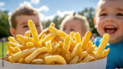 Three happy children enjoy a delicious portion of golden french fries outdoors on a sunny day sha a fun snack together.