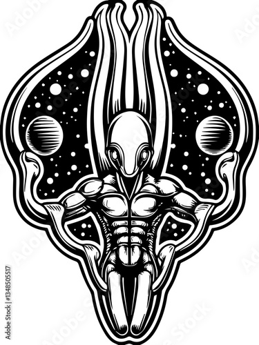 Gods and future demons in SVG vector format. Alien Character with Cosmic Background in Stylized Design