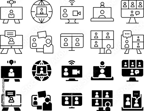 Virtual Meeting Icons Set – Online Communication and Remote Work Symbols