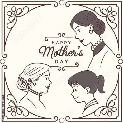 Happy Mother’s Day with Vintage Illustration of Family Portrait