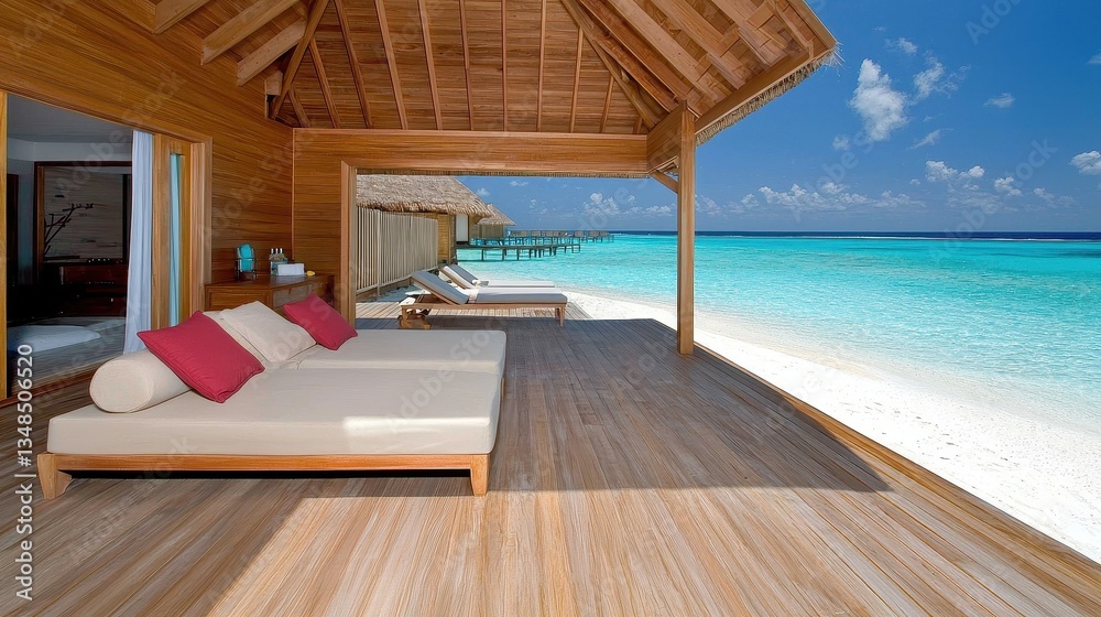 Fototapeta premium Serene Beachside Living Space with Sun Lounger and Ocean View under Clear Blue Sky