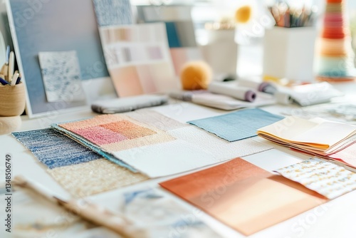 creative workspace featuring artfully arranged color swatches fabric samples and inspiration pieces on white desk soft natural lighting