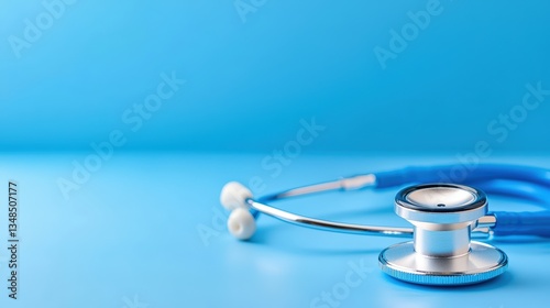 A close-up shot reveals a sleek, metallic blue stethoscope resting on a vibrant blue background, perfectly positioned for healthcare and medical professionals needing a