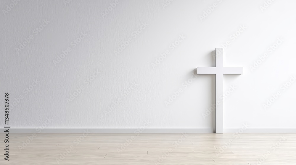Naklejka premium A simple white wooden cross stands alone against a stark white wall in a minimalist room offe a peaceful and contemplative atmosphere perfect for religious or spiritual themes.