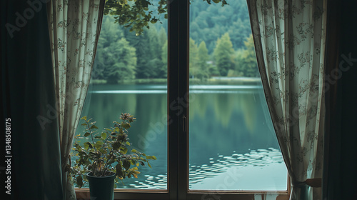Window with floral curtains overlooking a calm lake and green forest.