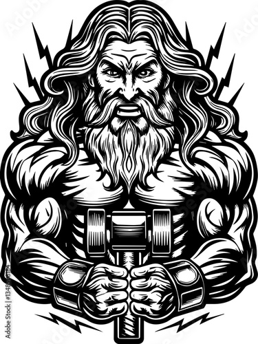 Gods of thunder and demons in SVG vector format. Powerful Bearded Man Holding Dumbbell in Vintage Style Design