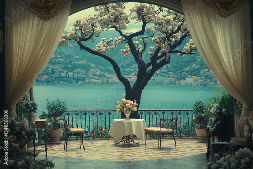 Elegant balcony with a blooming tree overlooking a scenic lake and hillside town.