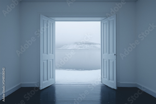 Open white doors leading to a snowy landscape with a calm frozen lake.