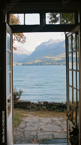 Open French doors leading to a lakeside patio with mountain views.
