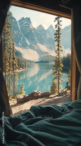 Cozy camper van view of a turquoise mountain lake surrounded by forests.