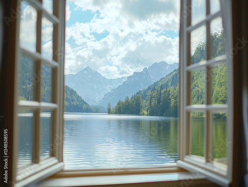 Open window view of a peaceful lake surrounded by mountains and forests.