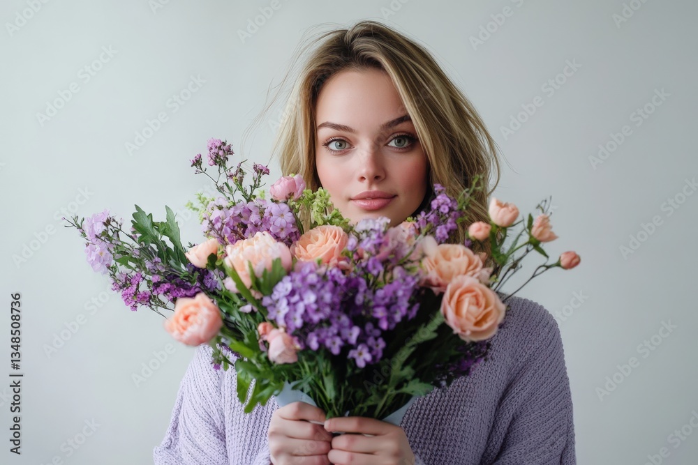 Young Russian Woman Holding Beautiful Flower Bouquet for Happy Women's Day and Spring Banner Photo.Fictional Character Created By Generative AI Young Russian Woman Holding Beautiful Flower Bouquet for Happy Women's Day and Spring Banner Photo.Fictional Character Created By Generative AI