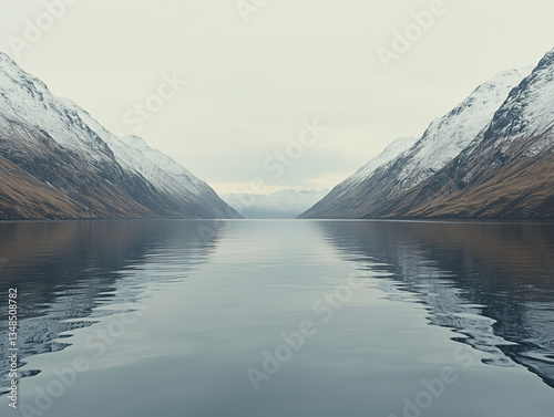 Tranquil lake with calm waters reflecting snow-capped mountains.