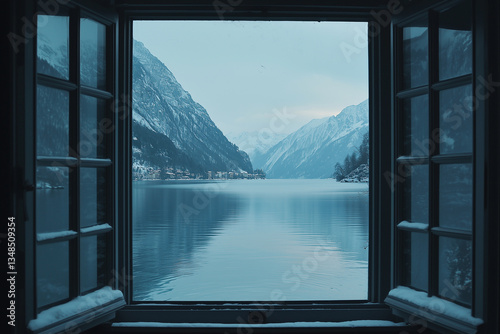 Open window view of a tranquil lake surrounded by snowy mountains in winter.