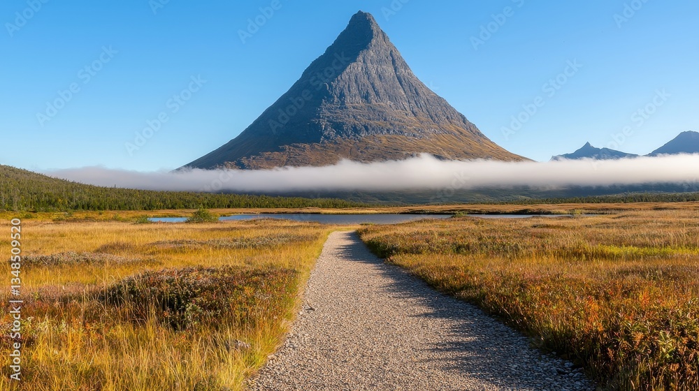 Obraz premium Clear Pathway Leading to Majestic Mountain Under Bright Blue Sky and Soft Clouds