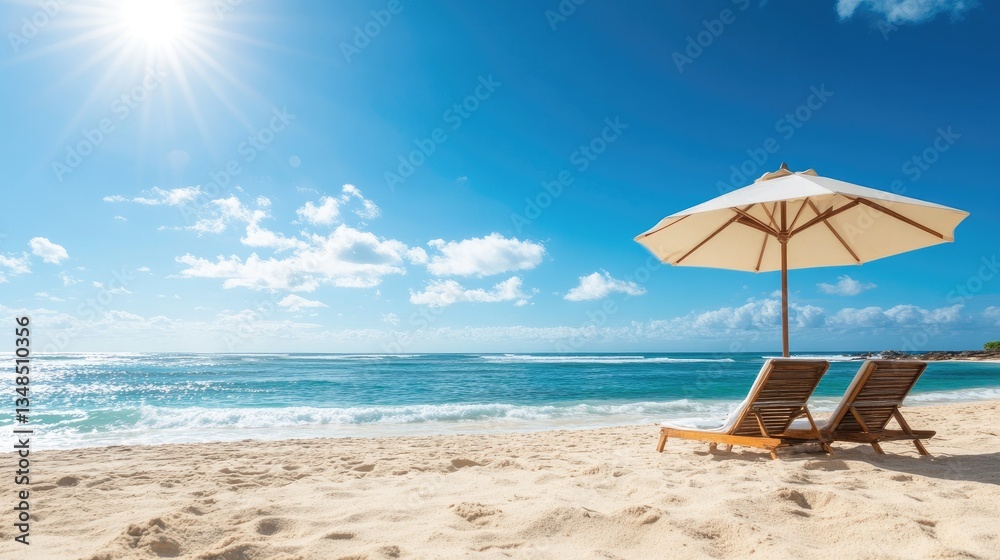 Beach Chairs and Umbrella on Sunny Coastline Beach Chairs and Umbrella on Sunny Coastline