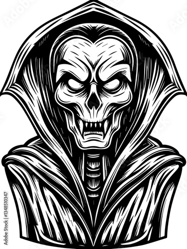 Gothic Dracula and vampire demons in SVG vector format. Creepy Skull Character In Hooded Cloak Design For Artwork