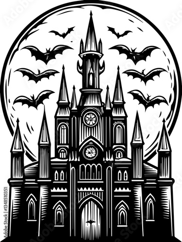 Gothic Dracula and vampire demons in SVG vector format. Spooky Gothic Castle with Bats and Full Moon Silhouette
