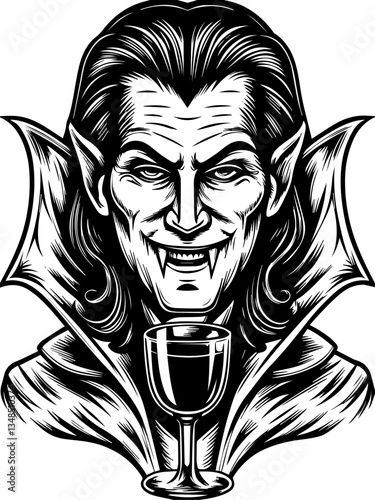 Gothic Dracula and vampire demons in SVG vector format. Vintage Dracula Illustration with Glass in Classic Monochrome Style
