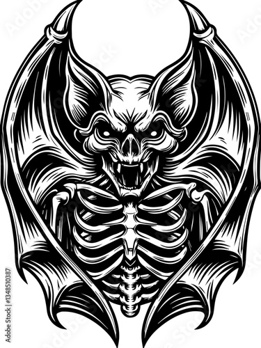 Gothic Dracula and vampire demons in SVG vector format. Fierce Bat With Skeleton Design in Vintage Style Illustration