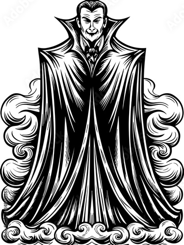 Gothic Dracula and vampire demons in SVG vector format. Mysterious figure in a dark cloak with swirling smoke background