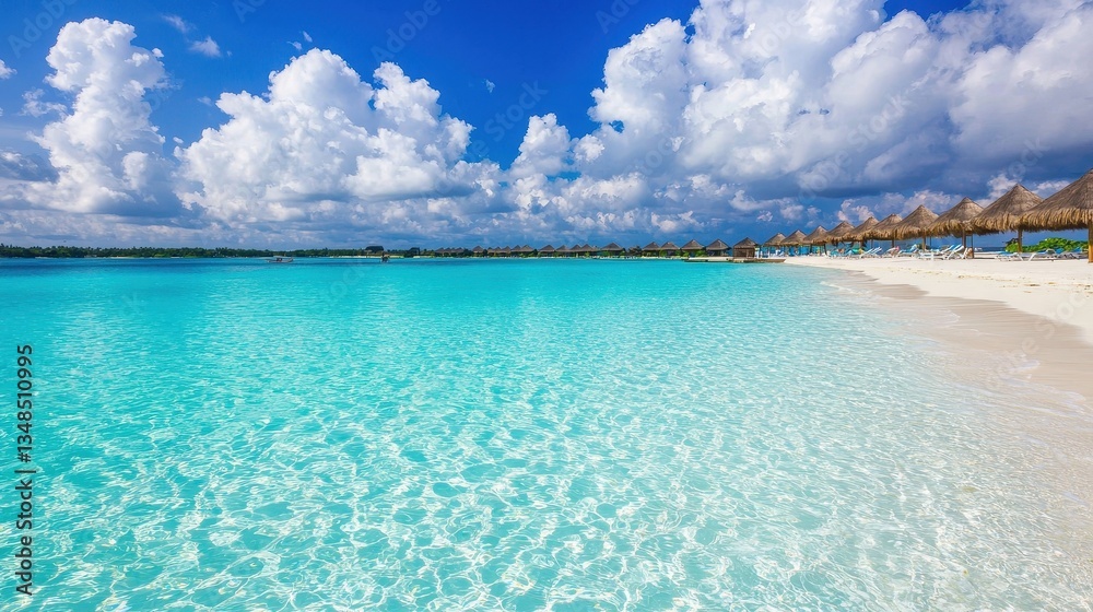 Fototapeta premium Tropical Paradise with Crystal Clear Water and White Sandy Beach Under Blue Sky and Clouds