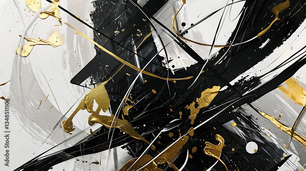 Obraz premium Dynamic abstract art with striking black, white, and metallic gold splashes creating energetic movement and modern sophistication