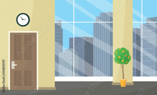 Open space interior with city view. Office, medical center rental concept. Commercial real estate.