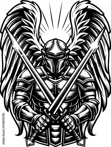 Guardian Deities and Demons mystical protectors in SVG and vector format.Angelic Knight with Wings and Swords in Bold Black Ink Style