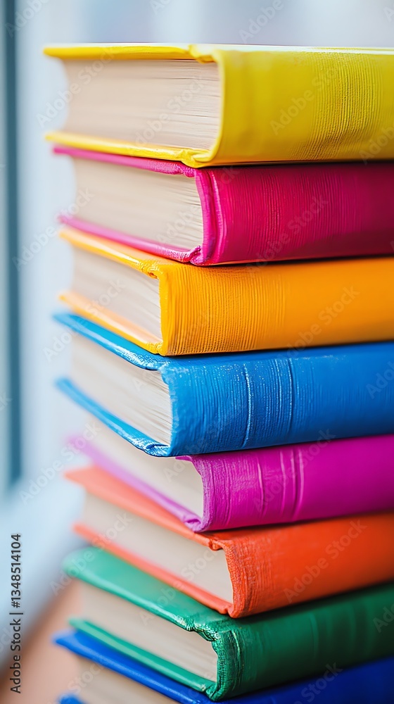 Fototapeta premium Stack of colorful books leaning by window, educational reading for learning in library