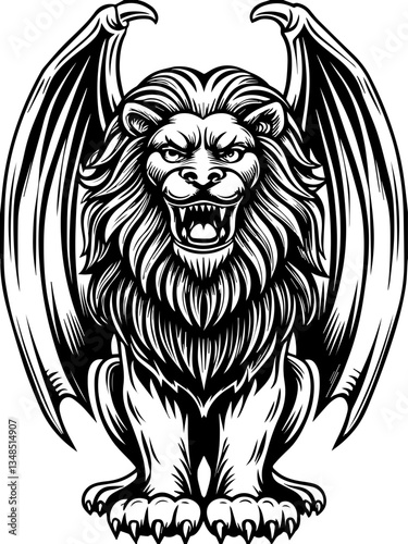 Mythical creatures and demons in SVG vector format. Winged Lion with Fierce Expression in Bold Black and White Design