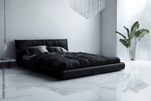 Modern bedroom interior with black bed, chandelier, and natural light, design style, and lifestyle use