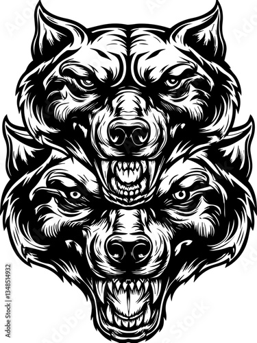 Mythical creatures and demons in SVG vector format. Fierce Black and White Wolf Heads with Intense Expressions