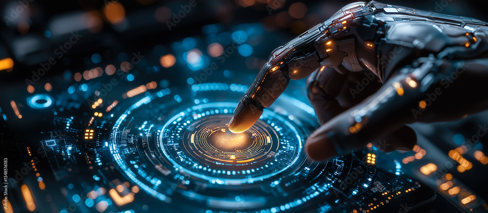 Fototapeta premium A robot hand points towards a holographic display showcasing cyber security symbols. The intersection of Artificial Intelligence, cyber security, and global communication technology. Generative AI.