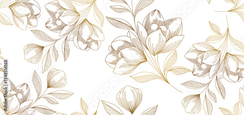 Vintage luxury seamless floral background with golden lilies flowers. Romantic pattern template for wall decor, wallpaper, wedding invitations, ceremonies, cards.