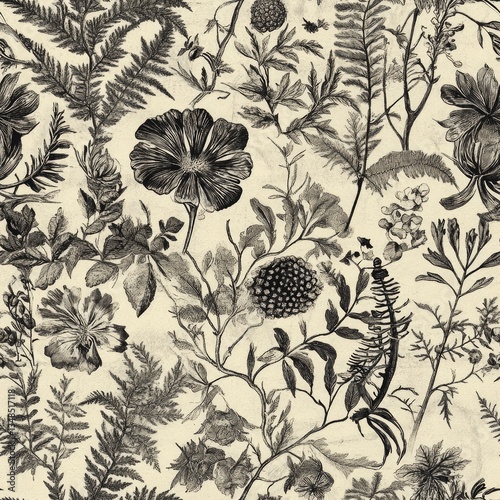 Wallpaper Mural High detail botanical fossil etchings forming an intricate, museum style textile print Torontodigital.ca