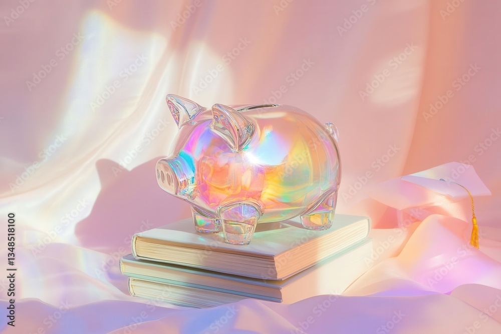 crystal piggy bank glowing with rainbow refractions stack of books as pedestal graduation cap accent soft pastel background crystal piggy bank glowing with rainbow refractions stack of books as pedestal graduation cap accent soft pastel background