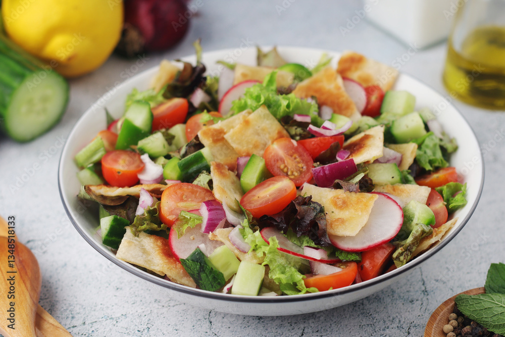 A bowl with Fattoush - Traditional Levantine salad A bowl with Fattoush - Traditional Levantine salad