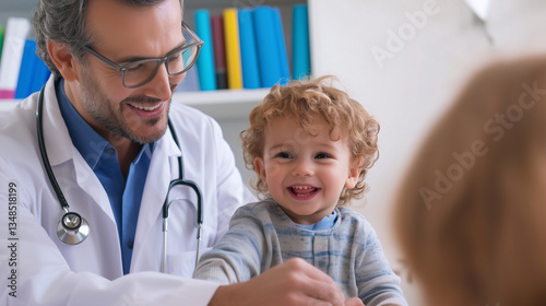 A caring pediatrician examining a child in a modern clinic, using medical tools to ensure a thorough checkup.