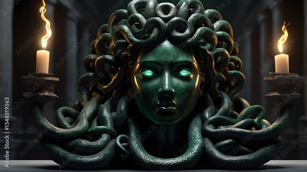 Obraz premium A Medusa head statue carved from black obsidian, with glowing emerald-green eyes and intricately coiled snakes, displayed in an ancient Roman gallery with torches lighting the scene,Generative Ai 